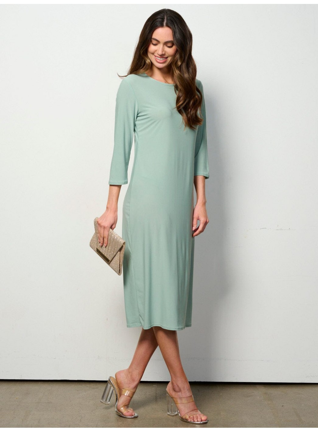 WOMEN'S 3/4 SLEEVES SOLID MIDI DRESS